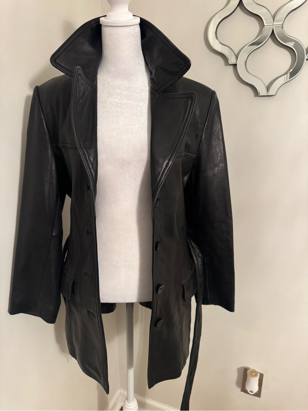 Classic Black Leather Women's Longline Jacket with Stand Collar